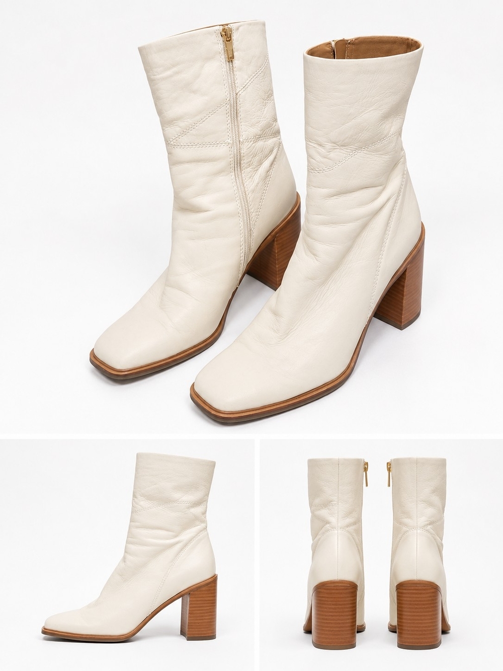 Franco Sarto Cream Leather Block Heel Ankle Boots